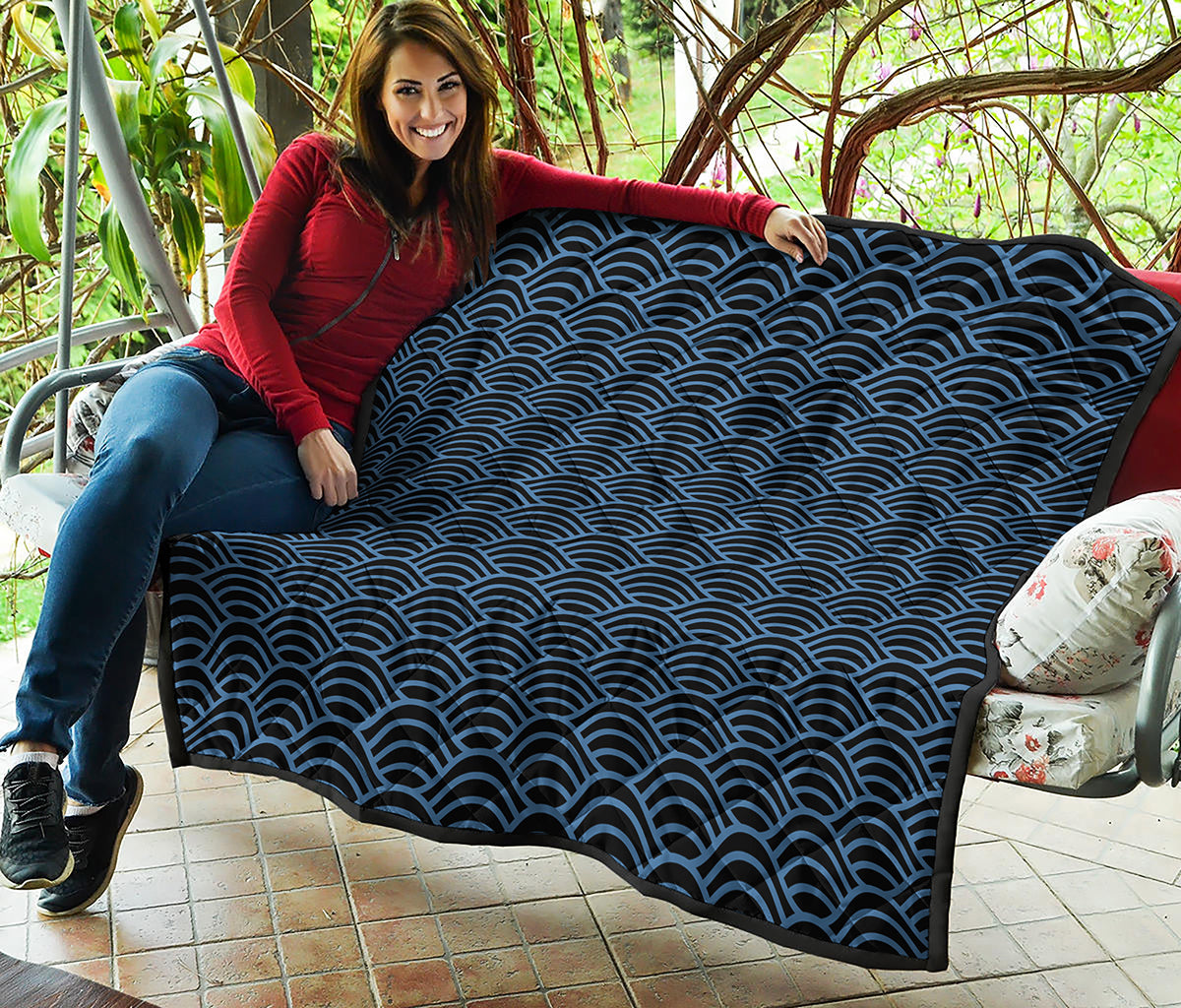 Blue And Black Japanese Pattern Print Quilt