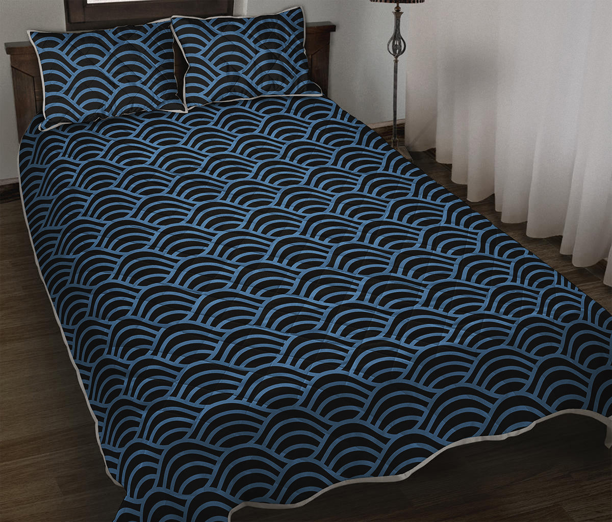 Blue And Black Japanese Pattern Print Quilt Bed Set