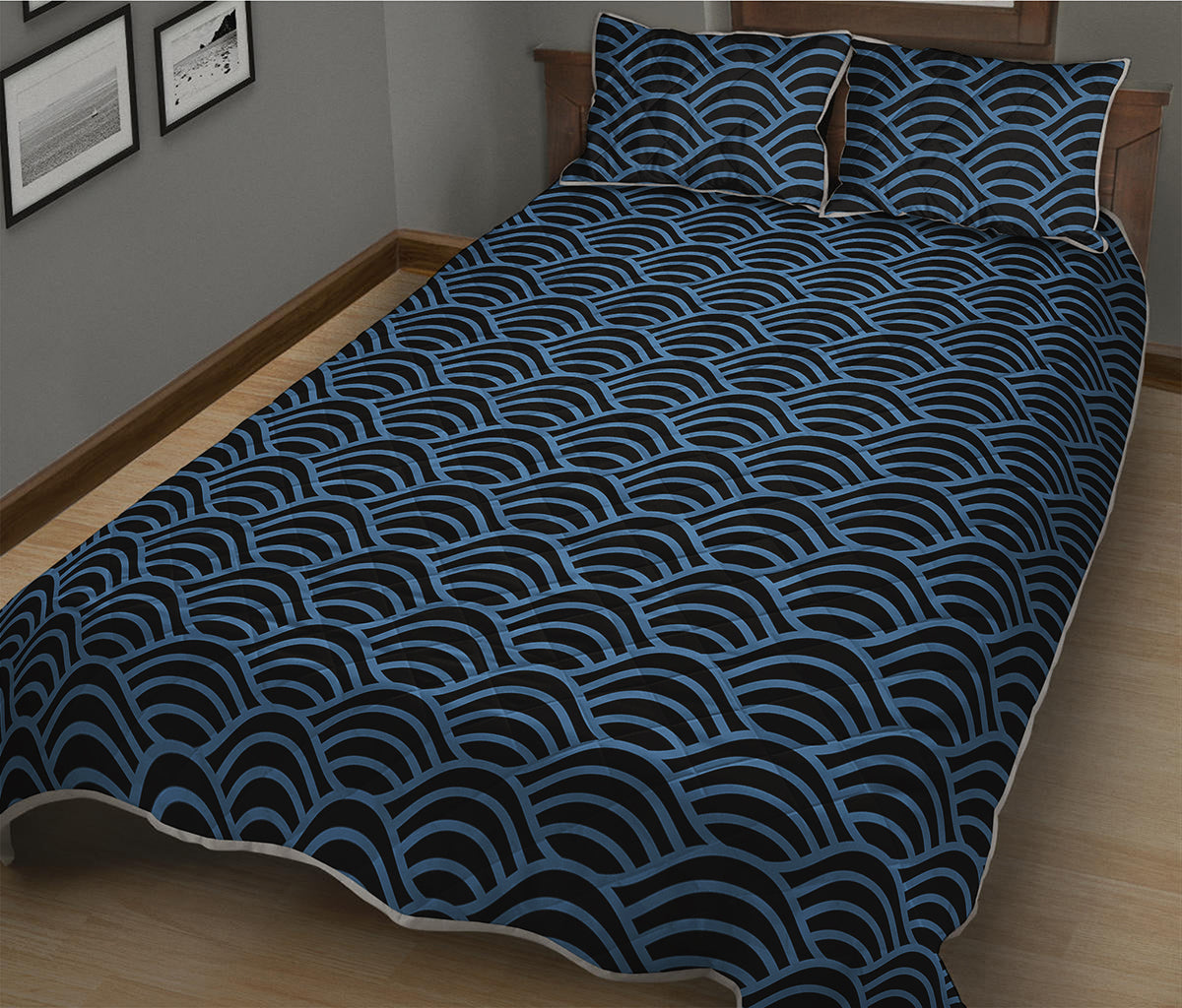 Blue And Black Japanese Pattern Print Quilt Bed Set