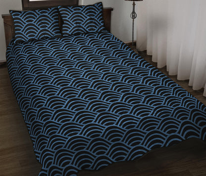 Blue And Black Japanese Pattern Print Quilt Bed Set