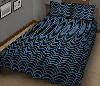 Blue And Black Japanese Pattern Print Quilt Bed Set