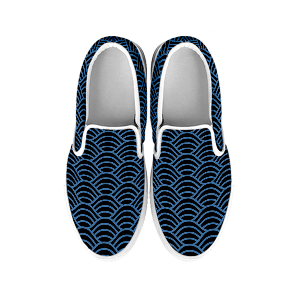 Blue And Black Japanese Pattern Print White Slip On Shoes