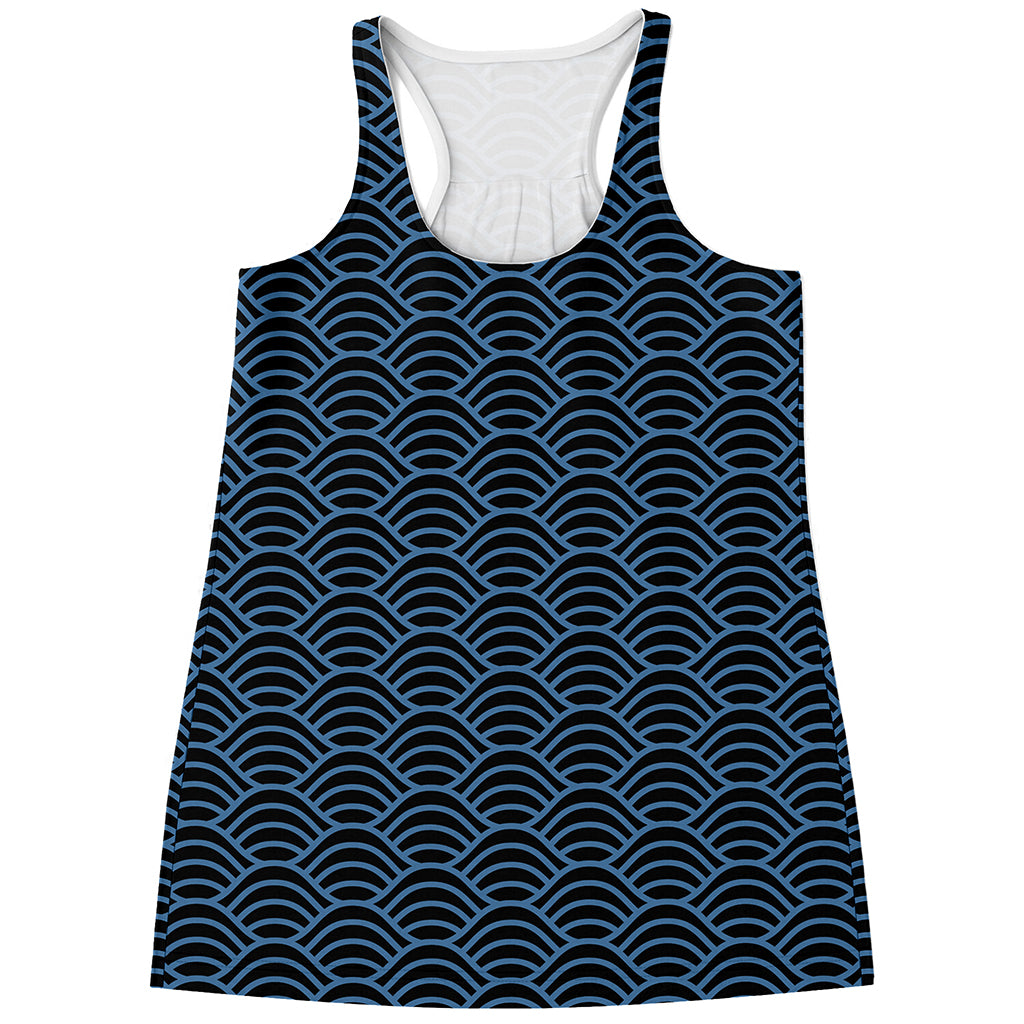 Blue And Black Japanese Pattern Print Women's Racerback Tank Top
