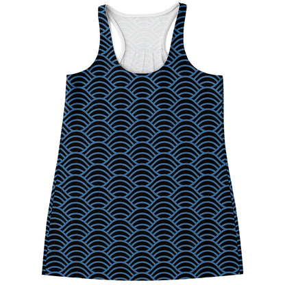 Blue And Black Japanese Pattern Print Women's Racerback Tank Top
