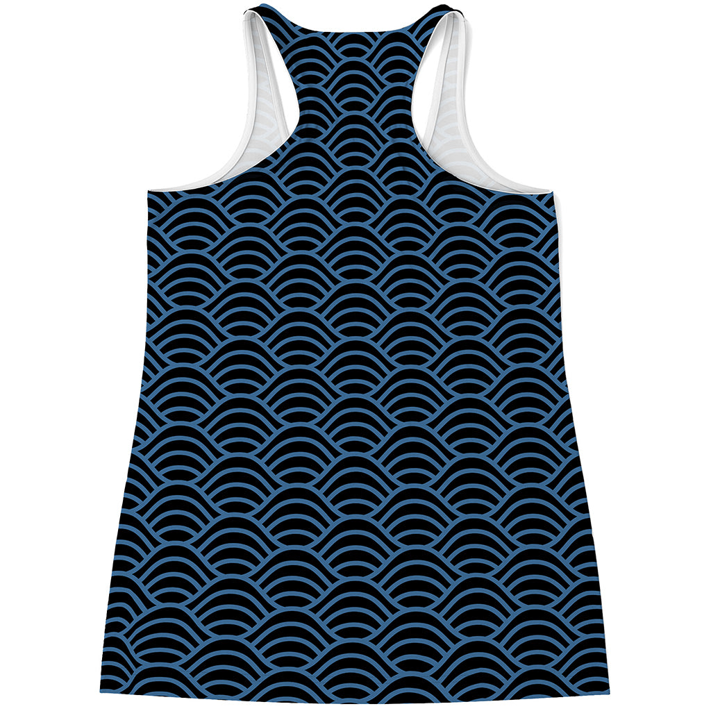 Blue And Black Japanese Pattern Print Women's Racerback Tank Top