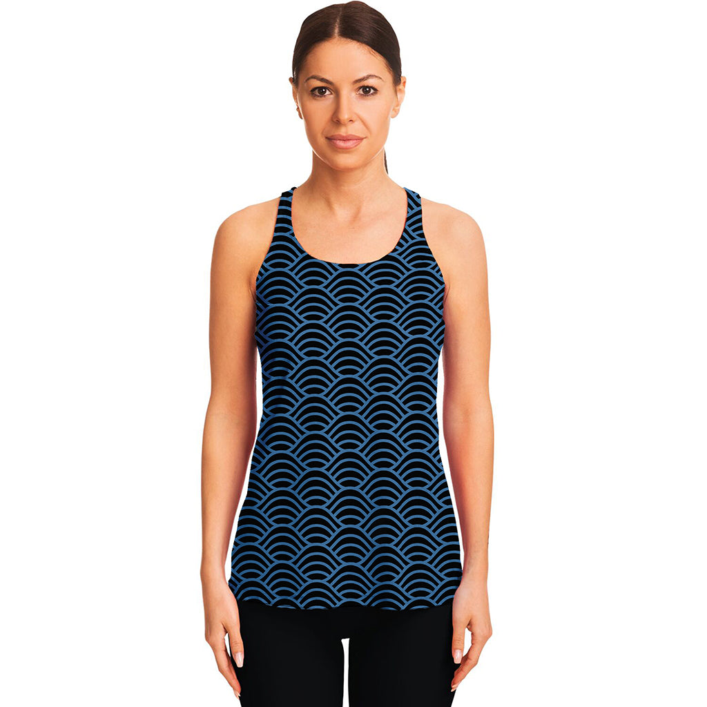 Blue And Black Japanese Pattern Print Women's Racerback Tank Top