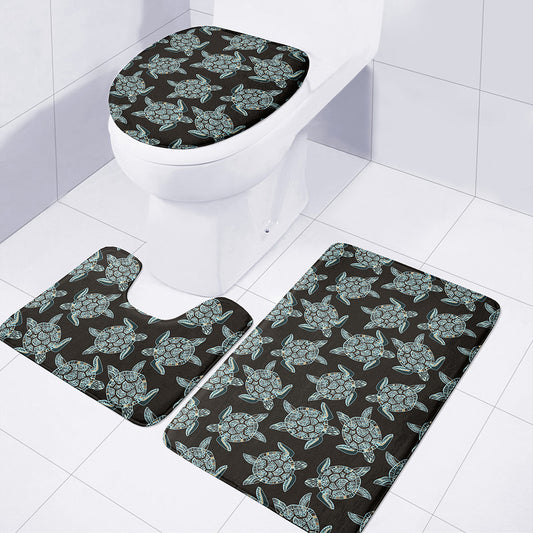 Blue And Black Sea Turtle Pattern Print 3 Piece Bath Mat Set