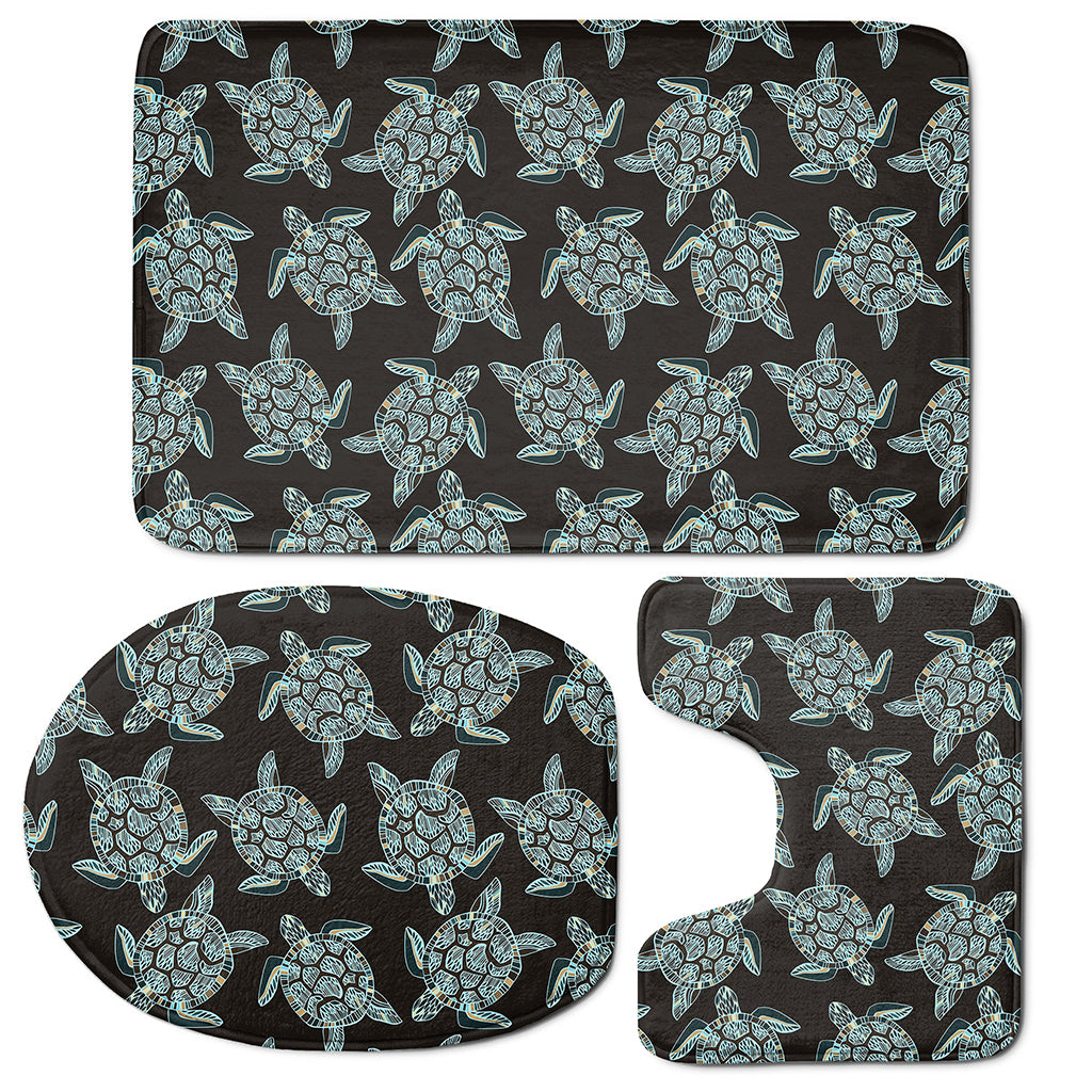 Blue And Black Sea Turtle Pattern Print 3 Piece Bath Mat Set