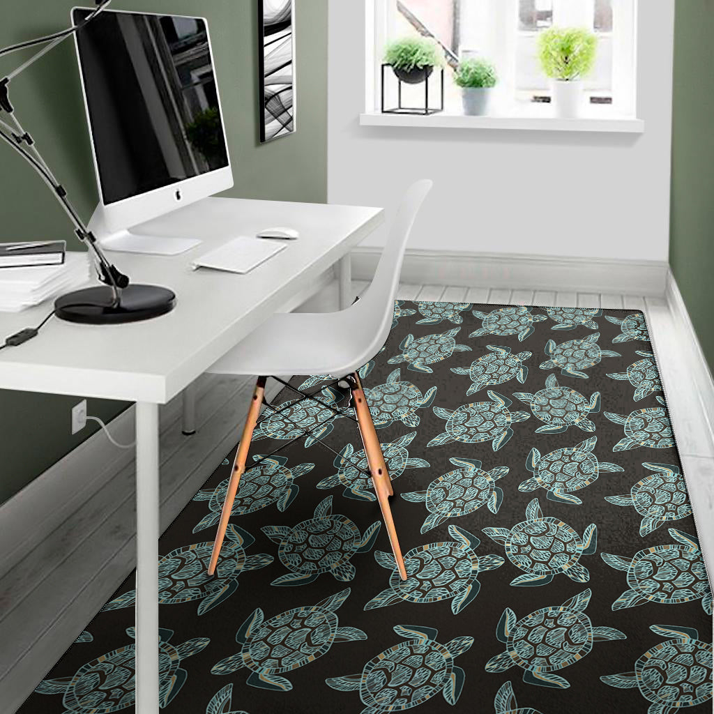 Blue And Black Sea Turtle Pattern Print Area Rug