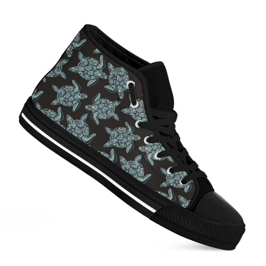 Blue And Black Sea Turtle Pattern Print Black High Top Shoes