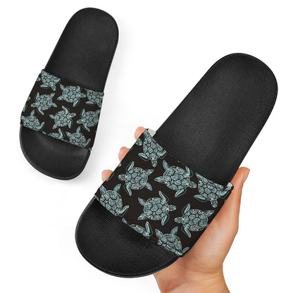 Blue And Black Sea Turtle Pattern Print Black Slide Sandals