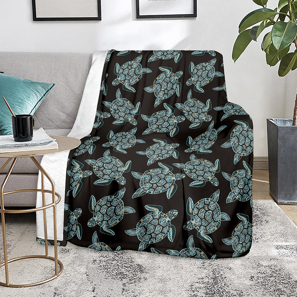 Blue And Black Sea Turtle Pattern Print Blanket