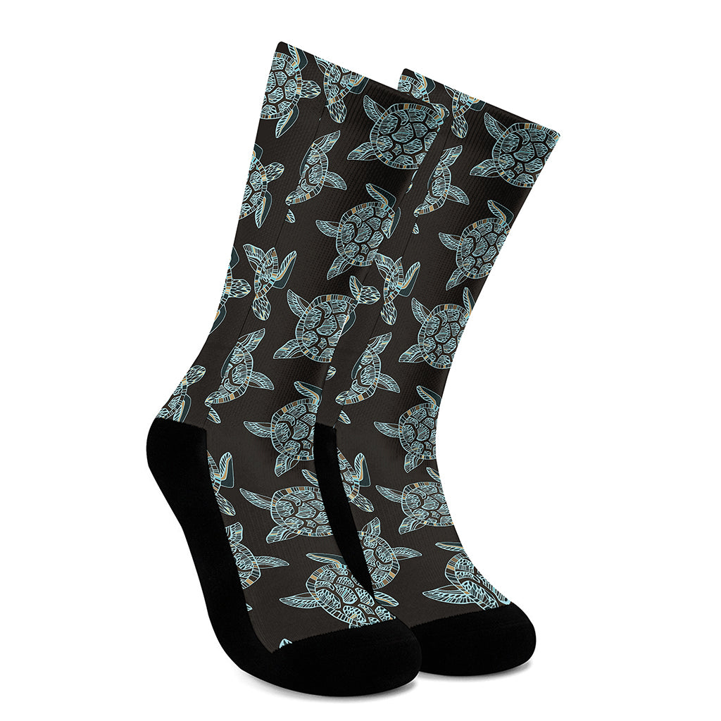 Blue And Black Sea Turtle Pattern Print Crew Socks