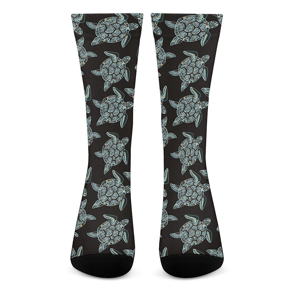 Blue And Black Sea Turtle Pattern Print Crew Socks