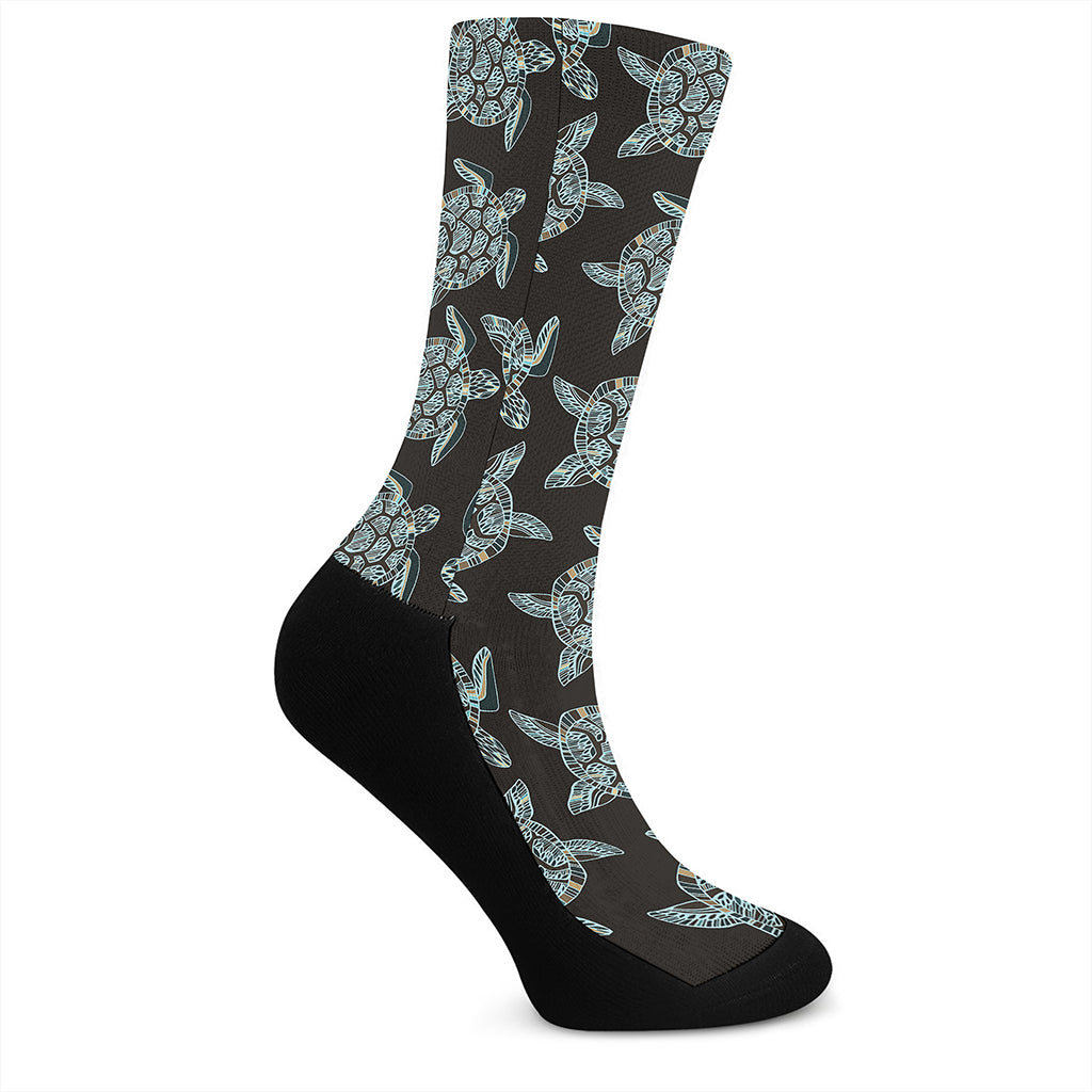 Blue And Black Sea Turtle Pattern Print Crew Socks