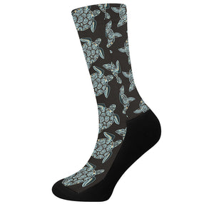 Blue And Black Sea Turtle Pattern Print Crew Socks