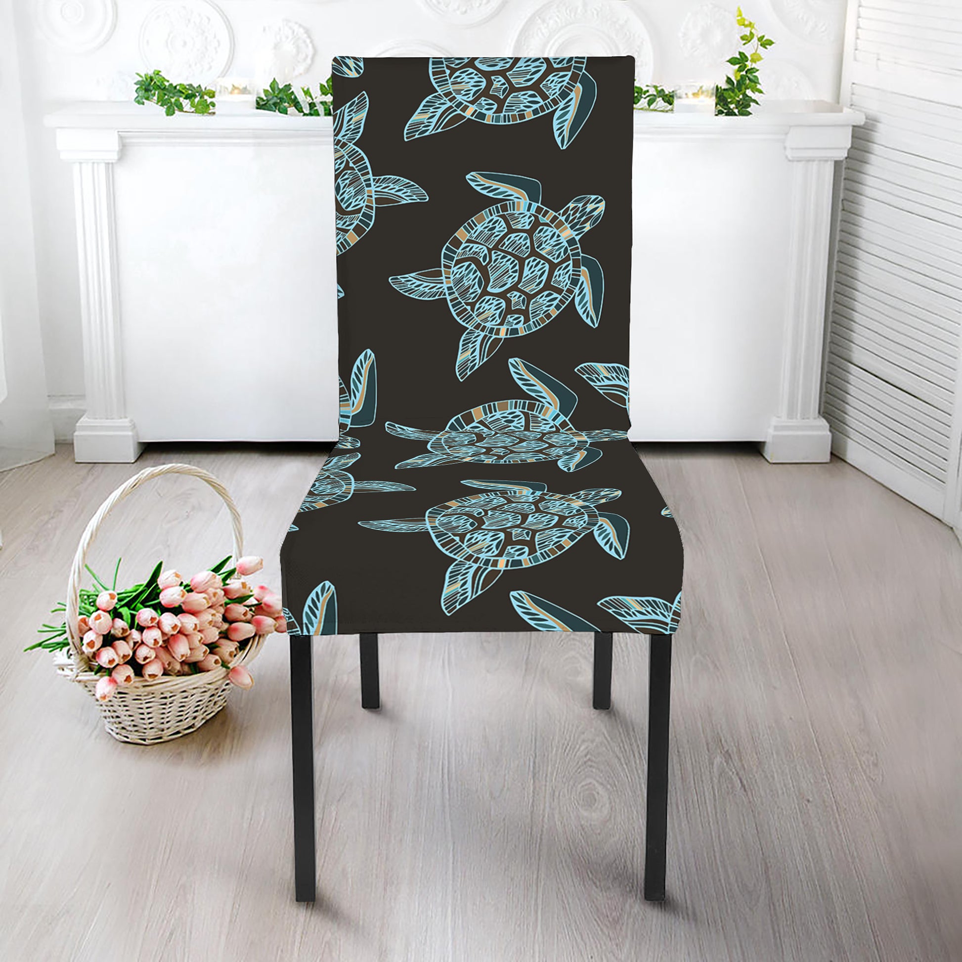 Blue And Black Sea Turtle Pattern Print Dining Chair Slipcover