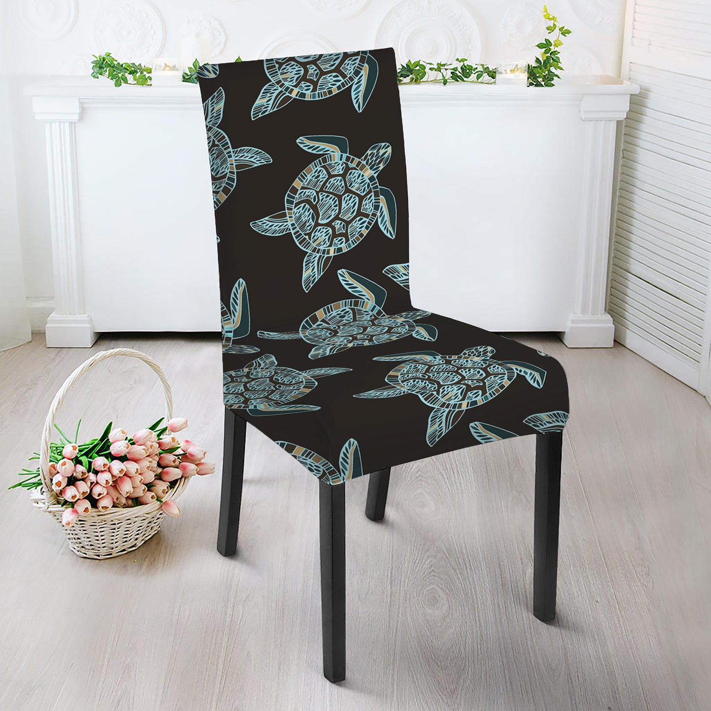 Blue And Black Sea Turtle Pattern Print Dining Chair Slipcover
