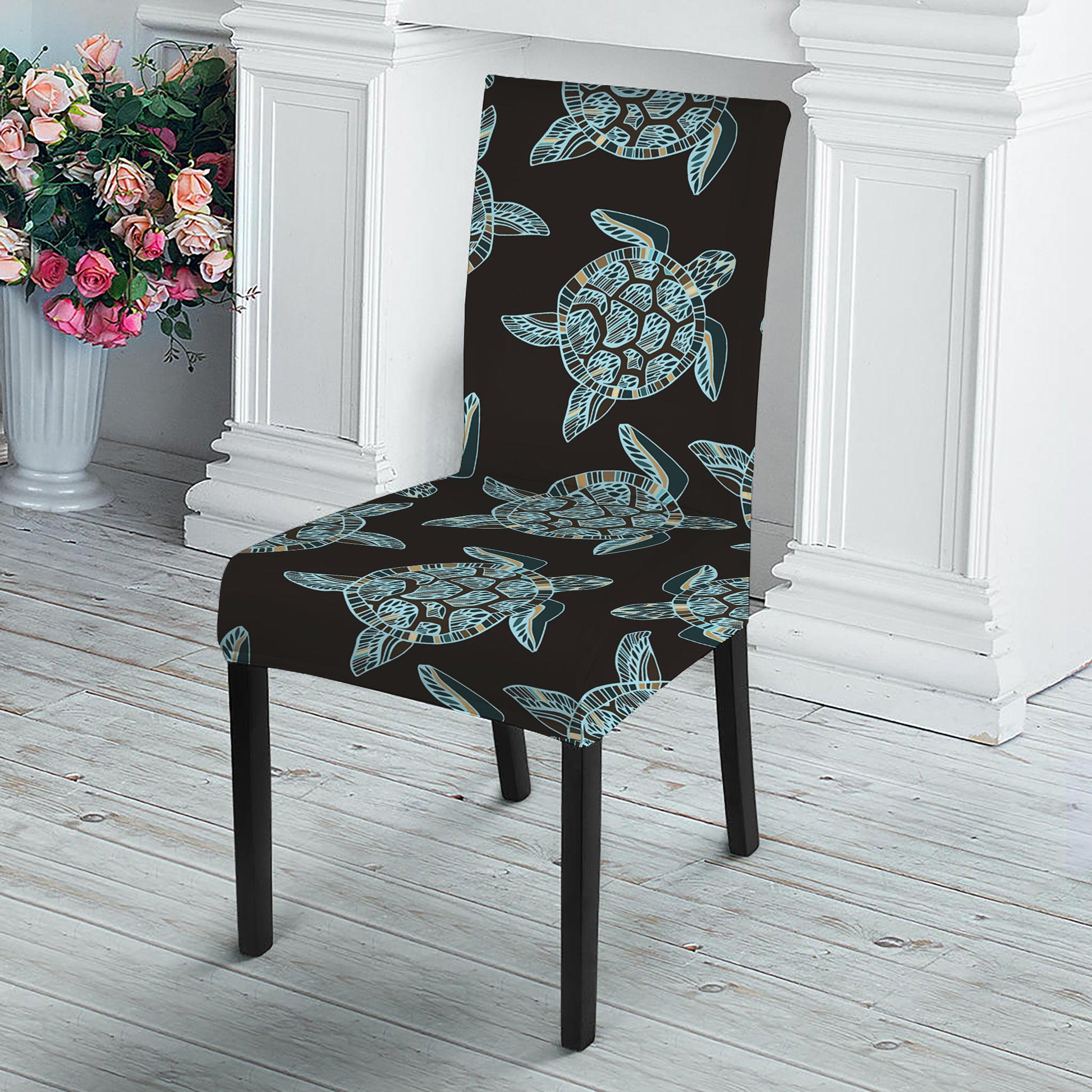 Blue And Black Sea Turtle Pattern Print Dining Chair Slipcover