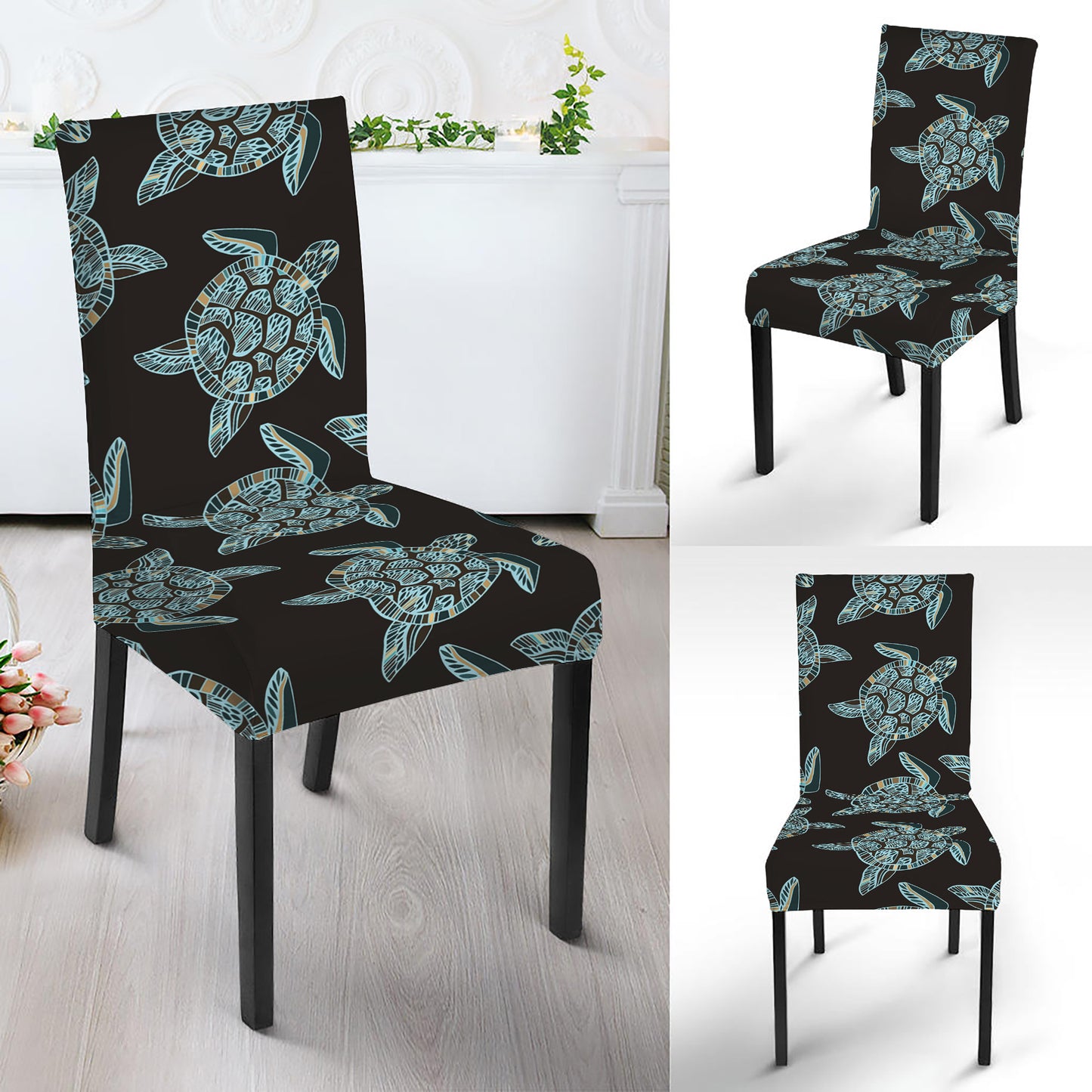 Blue And Black Sea Turtle Pattern Print Dining Chair Slipcover