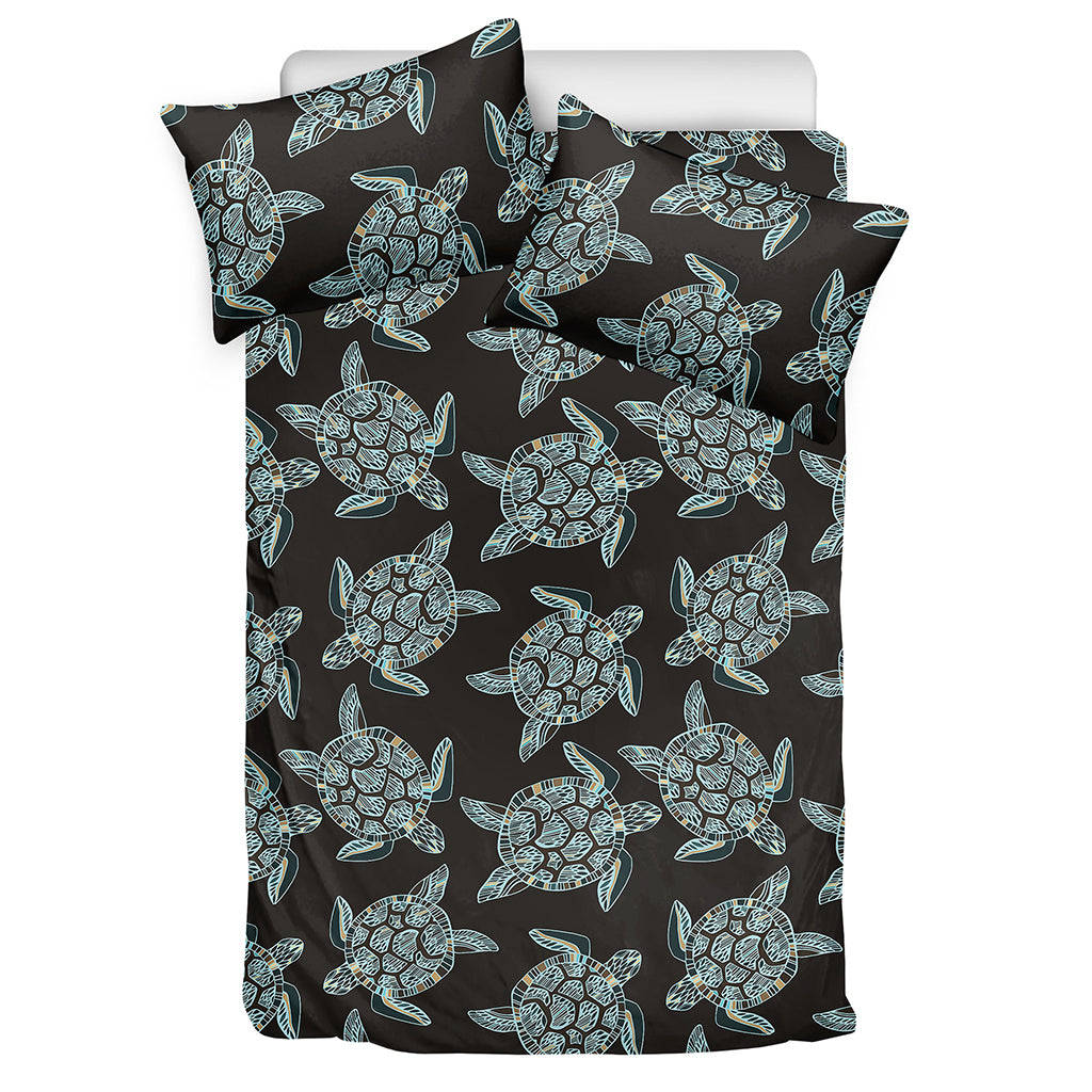 Blue And Black Sea Turtle Pattern Print Duvet Cover Bedding Set