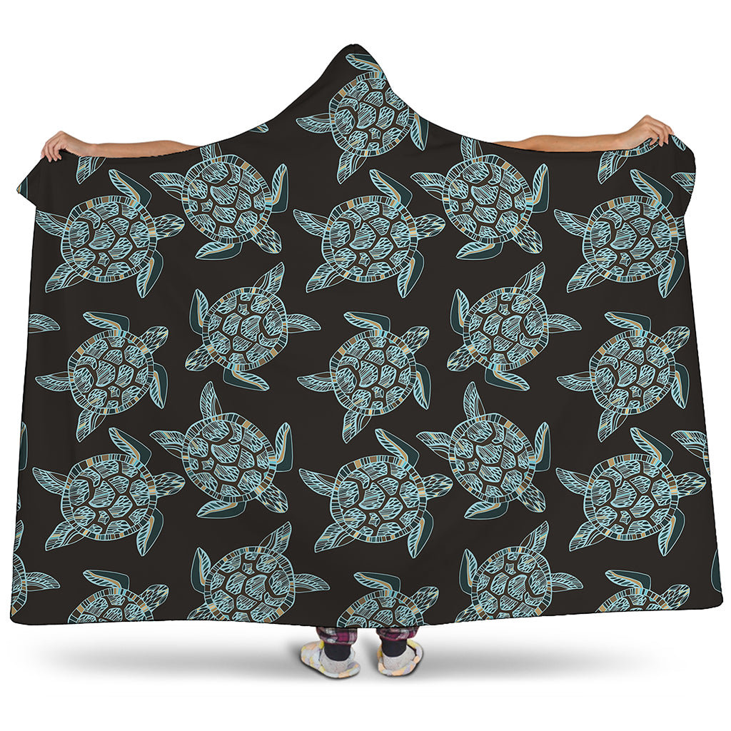 Blue And Black Sea Turtle Pattern Print Hooded Blanket