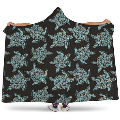 Blue And Black Sea Turtle Pattern Print Hooded Blanket