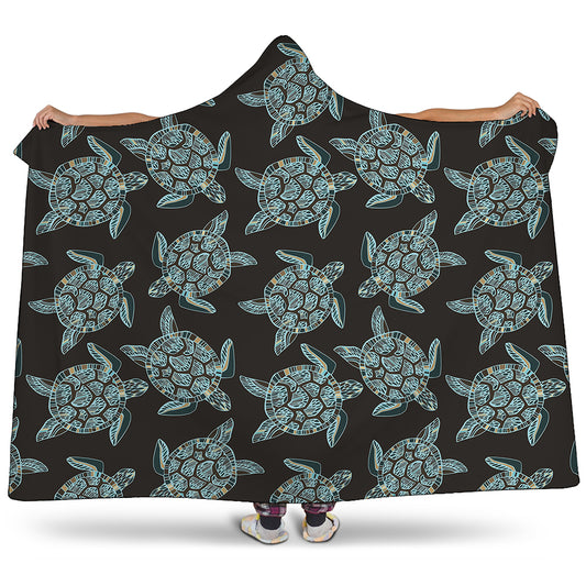 Blue And Black Sea Turtle Pattern Print Hooded Blanket