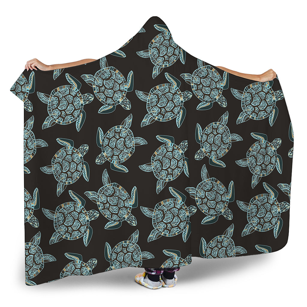 Blue And Black Sea Turtle Pattern Print Hooded Blanket