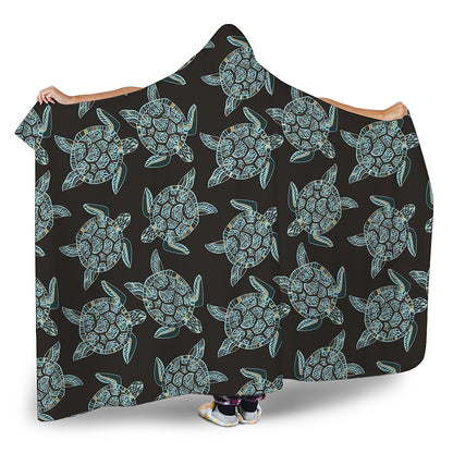 Blue And Black Sea Turtle Pattern Print Hooded Blanket