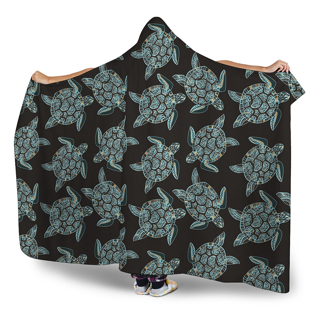 Blue And Black Sea Turtle Pattern Print Hooded Blanket