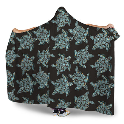 Blue And Black Sea Turtle Pattern Print Hooded Blanket
