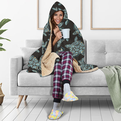 Blue And Black Sea Turtle Pattern Print Hooded Blanket