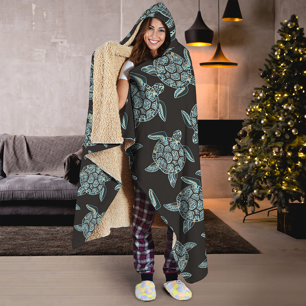 Blue And Black Sea Turtle Pattern Print Hooded Blanket