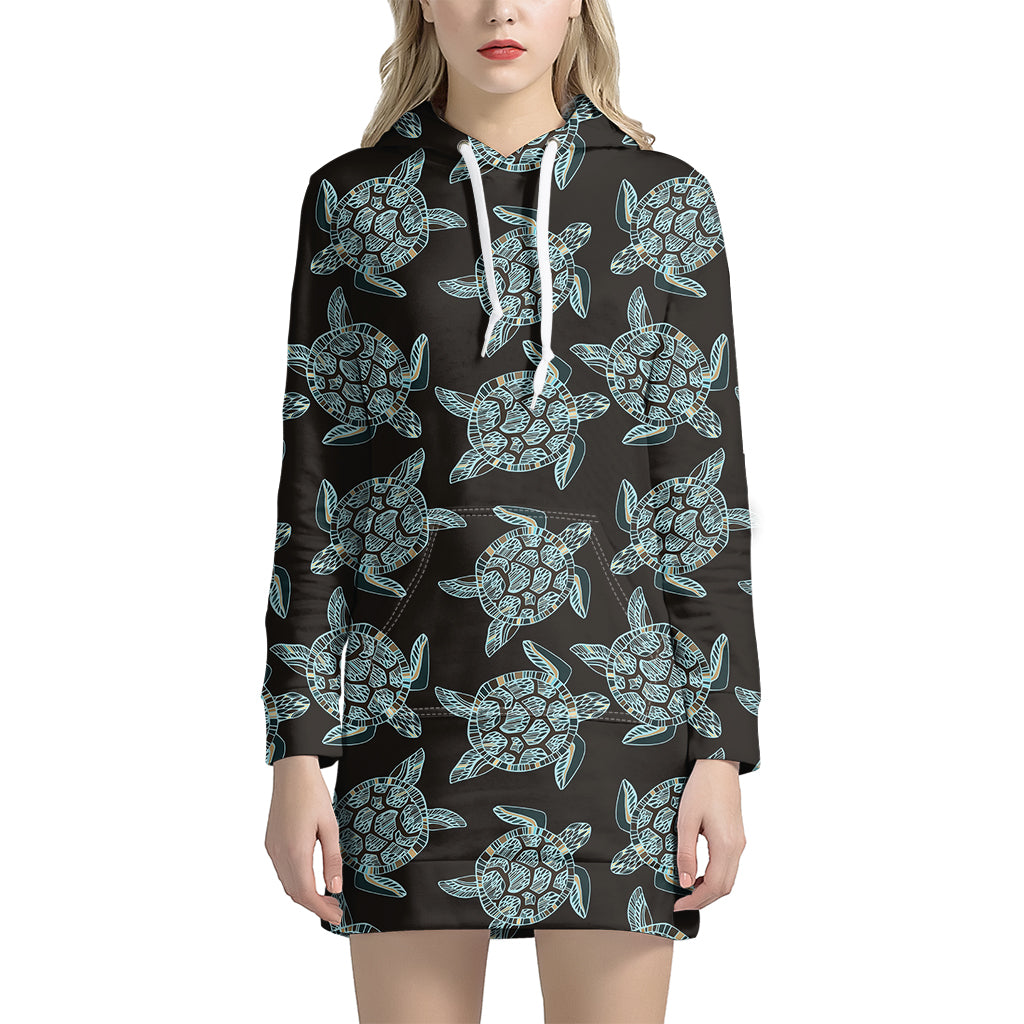 Blue And Black Sea Turtle Pattern Print Hoodie Dress