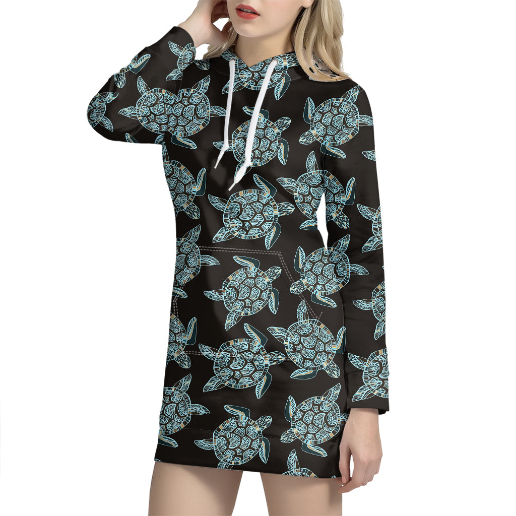 Blue And Black Sea Turtle Pattern Print Hoodie Dress