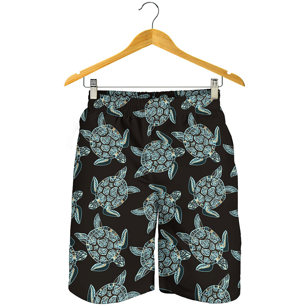 Blue And Black Sea Turtle Pattern Print Men's Shorts