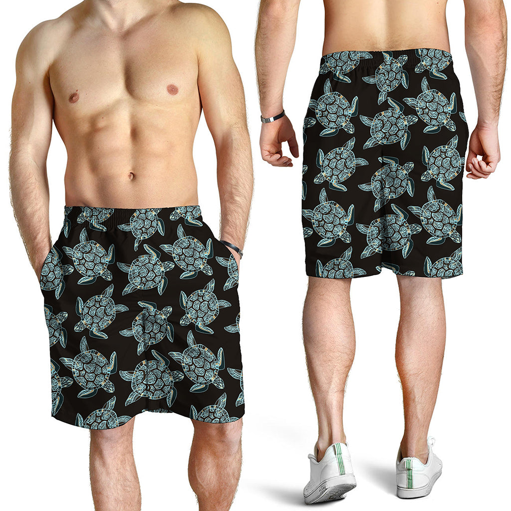 Blue And Black Sea Turtle Pattern Print Men's Shorts