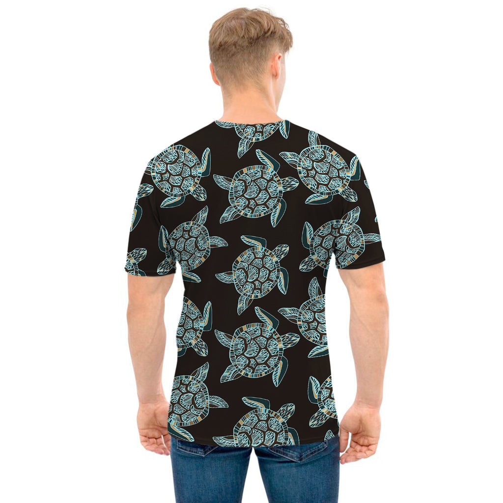 Blue And Black Sea Turtle Pattern Print Men's T-Shirt