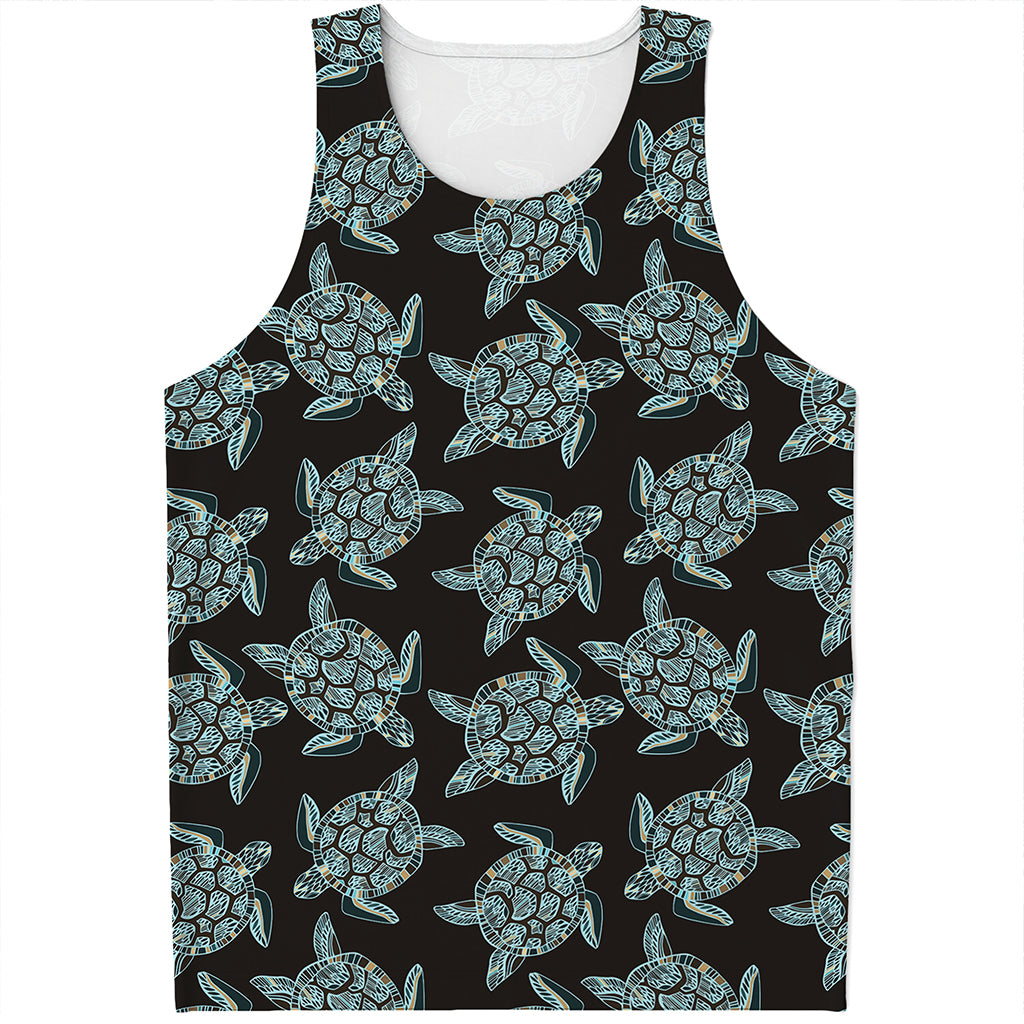 Blue And Black Sea Turtle Pattern Print Men's Tank Top