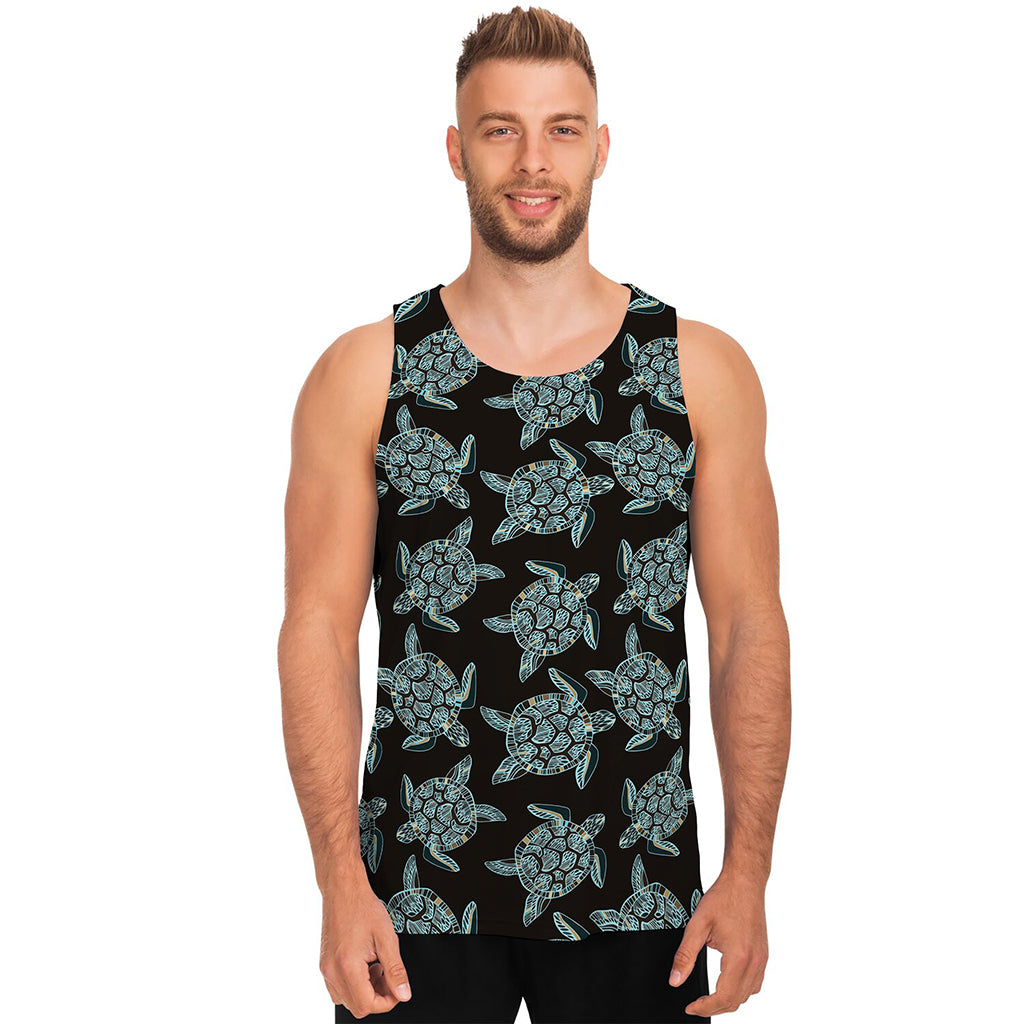 Blue And Black Sea Turtle Pattern Print Men's Tank Top