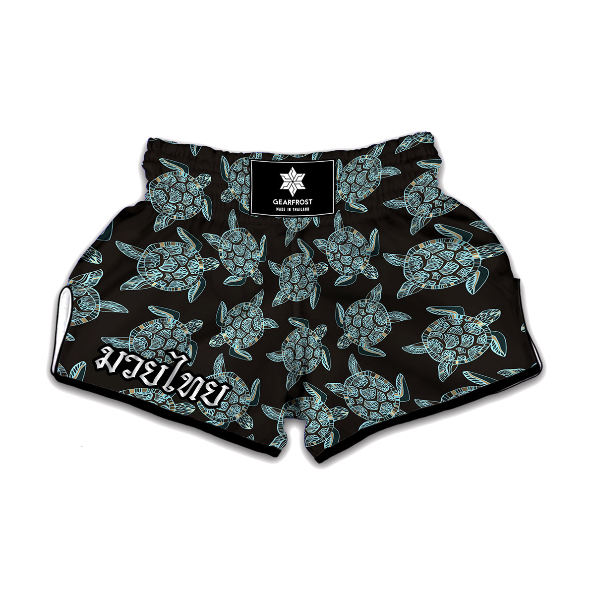 Blue And Black Sea Turtle Pattern Print Muay Thai Boxing Shorts