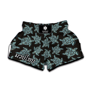 Blue And Black Sea Turtle Pattern Print Muay Thai Boxing Shorts