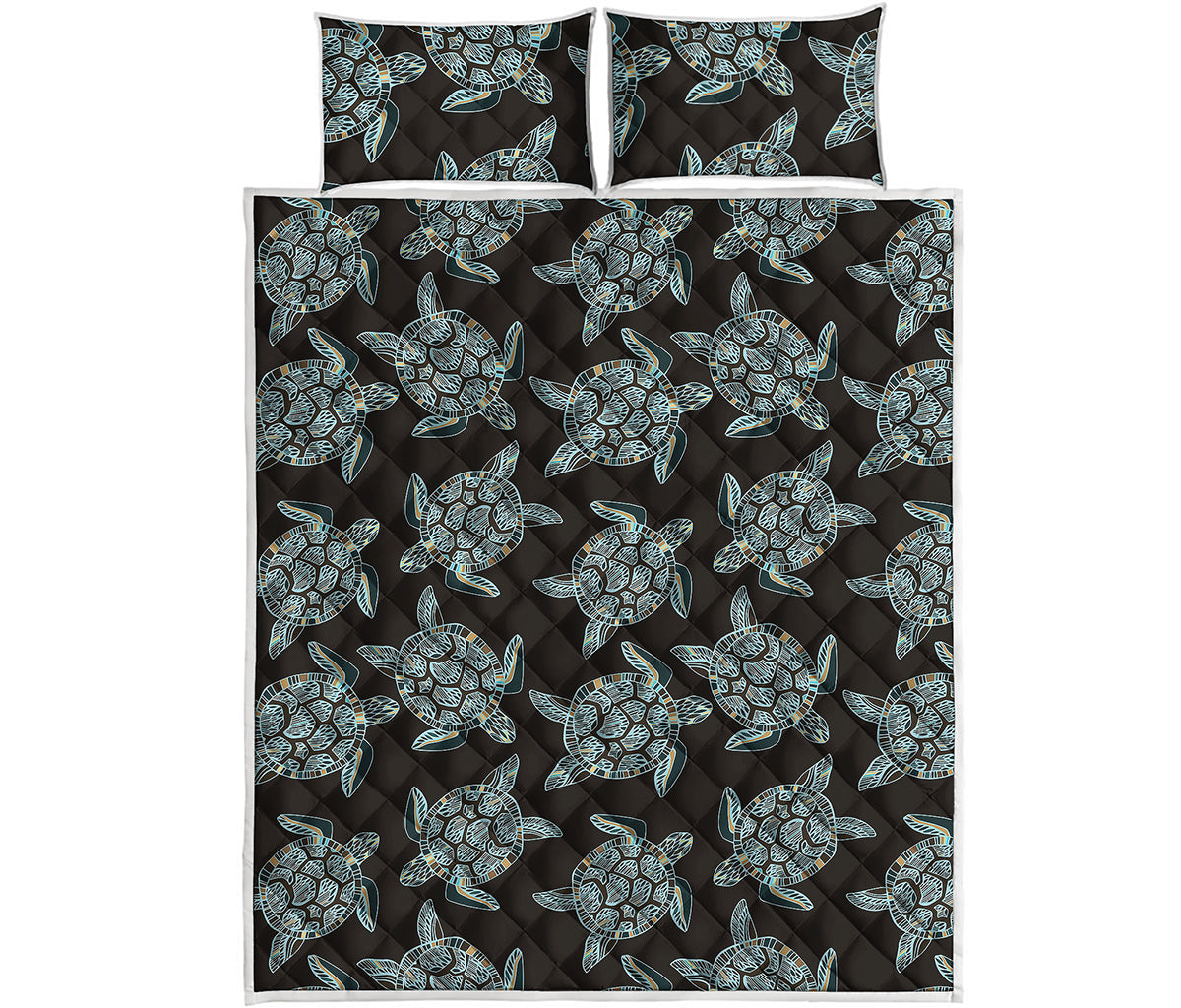Blue And Black Sea Turtle Pattern Print Quilt Bed Set