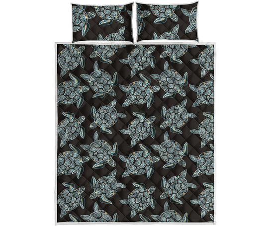 Blue And Black Sea Turtle Pattern Print Quilt Bed Set
