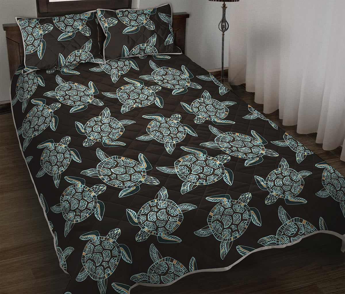 Blue And Black Sea Turtle Pattern Print Quilt Bed Set