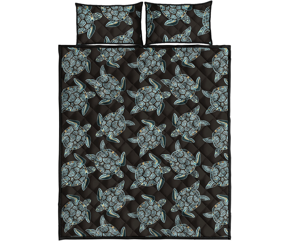 Blue And Black Sea Turtle Pattern Print Quilt Bed Set