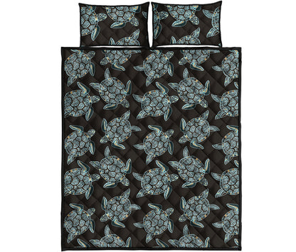 Blue And Black Sea Turtle Pattern Print Quilt Bed Set