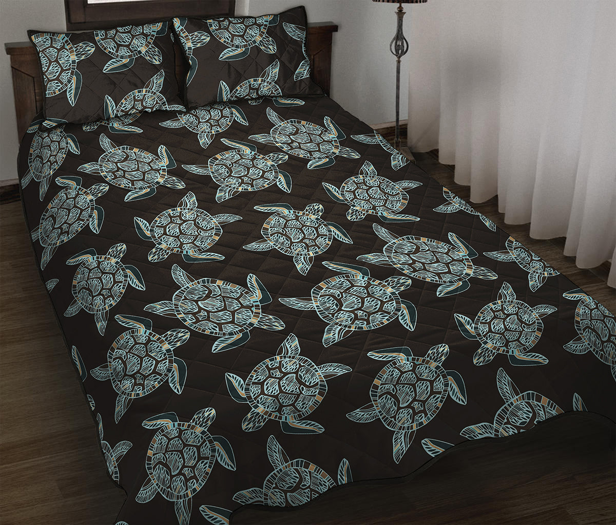 Blue And Black Sea Turtle Pattern Print Quilt Bed Set