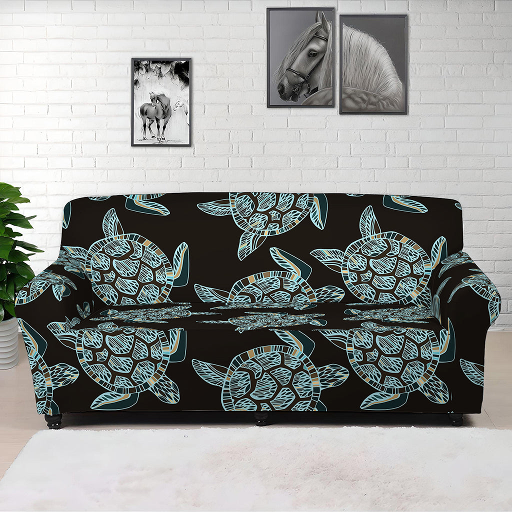 Blue And Black Sea Turtle Pattern Print Sofa Cover